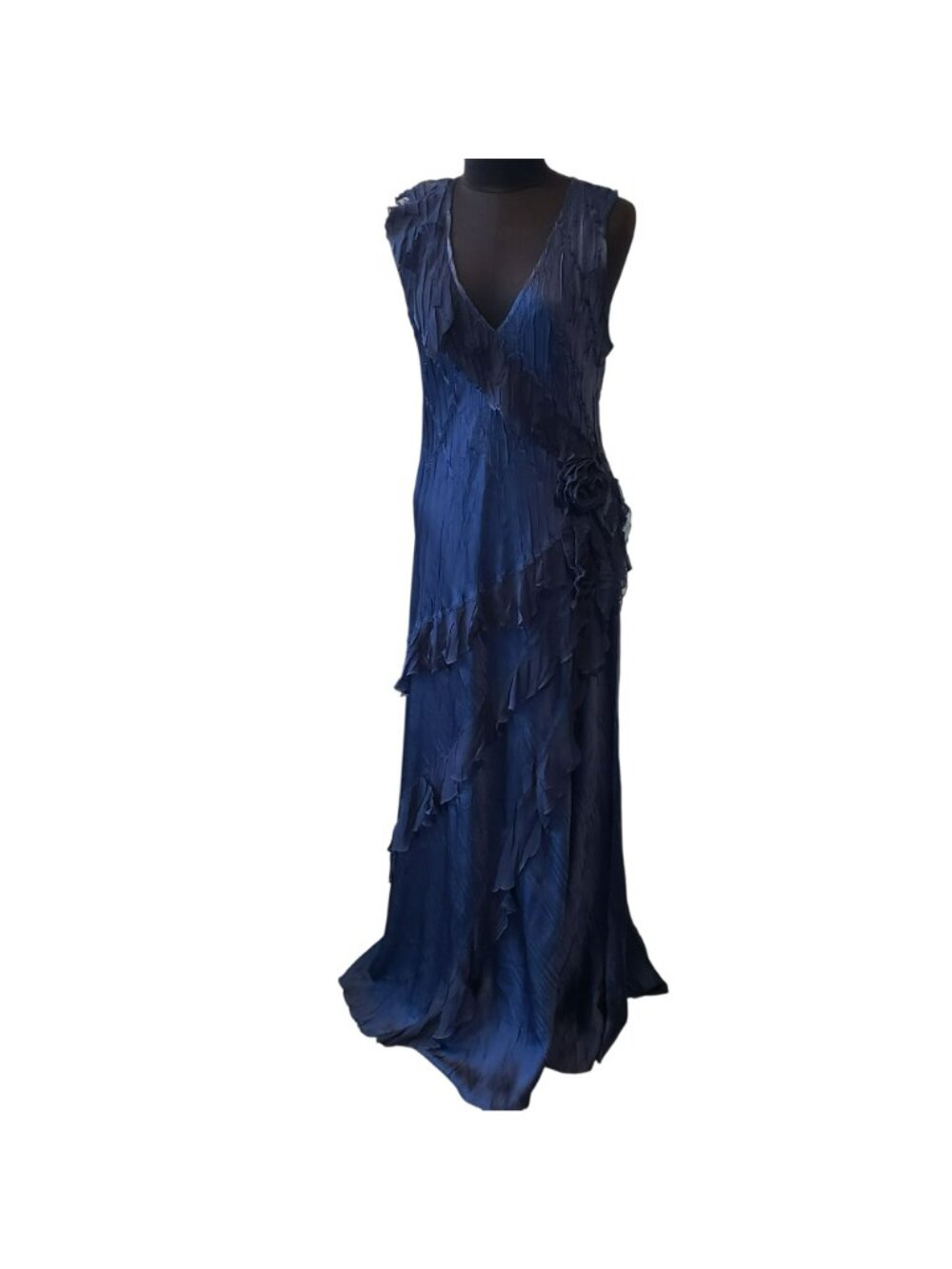 Komarov Blue Sleeveless Maxi Dress Rosette Asymmetrical Ruffles 90s Whimsigoth - Picture 15 of 16